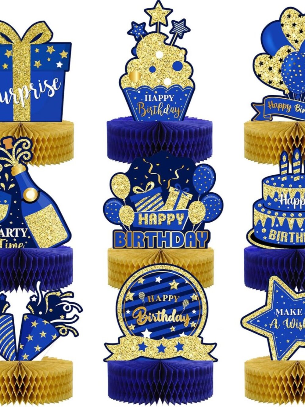 9 Pcs Blue Gold Happy Birthday Table Decorations Centerpieces